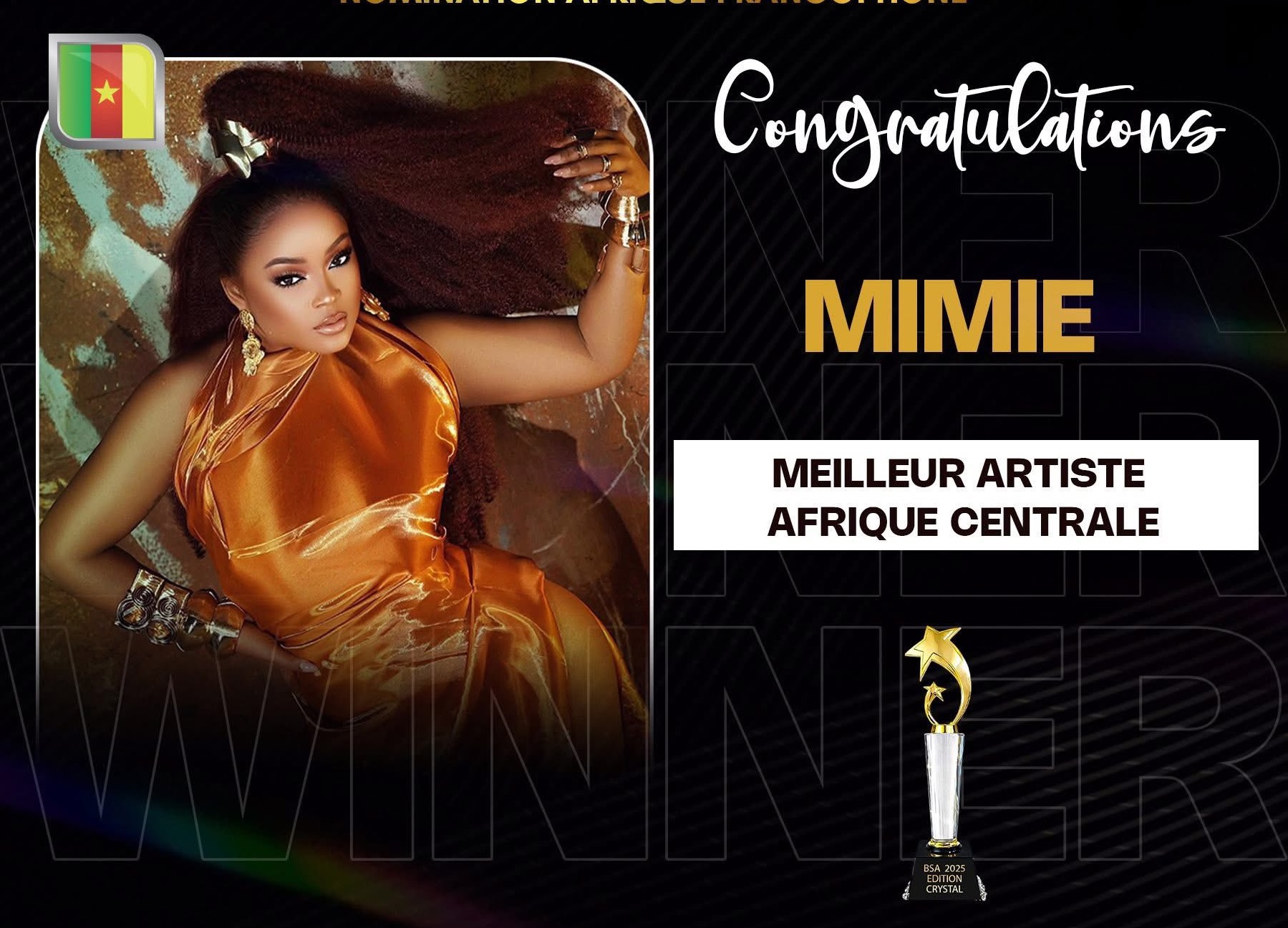 Mimie sacrée meilleure artiste Afrique Centrale au Bénin Showbizz Awards 2025